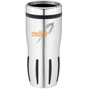 16 Oz. Stainless And Plastic Travel Mug With Black Rubber Grip And Thumb Slide Lid
