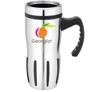 Stainless Steel 16 Oz. Travel Mug With Black Rubber Grip And Thumb Slide Lid