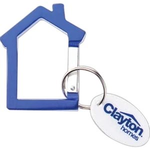 Anodized Aluminum House Shaped Key Chain With A White Plastic Oval Disc Tag