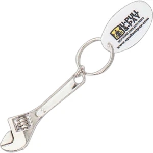 Miniature Wrench Key Chain With Split Ring And A White Oval Disc, 2 5/8" X 1 3/16"