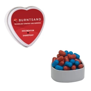 Mint Tin Maniacs - White Heart Tin With Colored Bullet Candy. Colored Candy In Heart Mint Tin