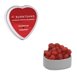 Mint Tin Maniacs - White Heart Tin With Cinnamon Red Hots. Cinnamon Candy Red Hots In Heart Tin
