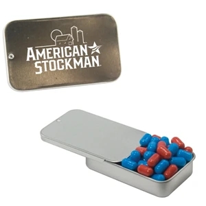 Mint Tin Maniacs - Silver Slider Tin With Colored Bullet Candy. Colored Candy In Mint Tin