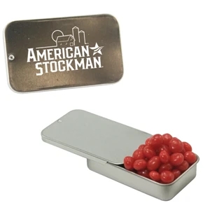 Mint Tin Maniacs - Silver Slider Tin With Cinnamon Red Hots. Cinnamon Red Hot Candy In Mint Tin