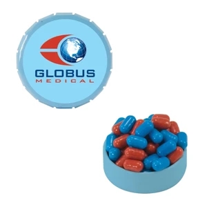 Mint Tin Maniacs - Small Light Blue Snap-top Mint Tin With Colored Bullet Candy. Colored Candy In Tin