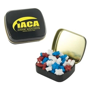 Mint Tin Maniacs - Small Black Mint Tin With Candy Stars. Star Shaped Candy In Mint Tin