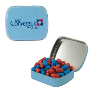 Mint Tin Maniacs - Small Light Blue Mint Tin With Colored Bullet Candy. Colored Candy In Mint Tin