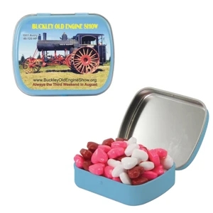 Mint Tin Maniacs - Small Light Blue Mint Tin With Candy Hearts. Heart Shaped Candy In Min Tin
