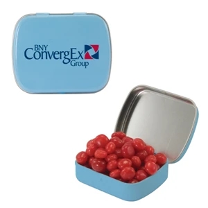 Mint Tin Maniacs - Small Light Blue Mint Tin With Cinnamon Red Hots. Cinnamon Red Hots In Candy Tin