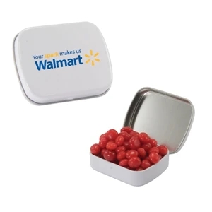 Mint Tin Maniacs - Small White Mint Tin Filled With Cinnamon Red Hots. Candy Red Hots In Mint Tin
