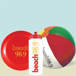 Bottle Beach Kit - 32 Oz Water Bottle, 9" Beach Ball & 9" Flying Disc In Mesh Bag