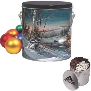 A Combination Of Mini Dark, Milk Chocolate And Yogurt Pretzels In A One Gallon Tin