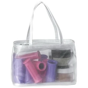 White Cosmetic Zipper Tote. Made Using Clear Vinyl, Fine Mesh And White Pvc Paper
