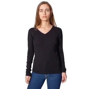 S- X L-white - Baby Rib Long Sleeve V-neck Shirt Featuring Hemmed Sleeves. Blank