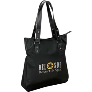 Black Microfiber Tote Bag With Zippered Closure And Contrast Stitching