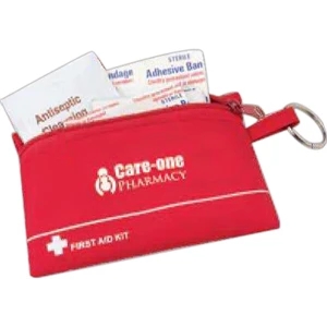 32 Piece First Aid Kit In A 210d Nylon Zippered Bag That Has A Split Ring