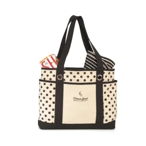 Audrey - Black - Preppy Polka Dot Fashion Tote Bag With Front Slash Pocket And Dual Side Pockets