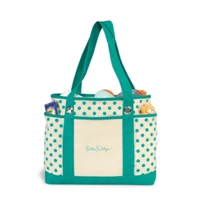 Audrey - Turquoise - Preppy Polka Dot Fashion Tote Bag With Front Slash Pocket And Dual Side Pockets