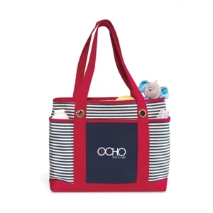 Nantucket - Red-navy - Classic Yet Cool, Striped Fashion Tote With Front Slash Pocket
