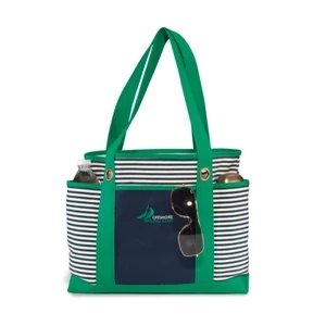Nantucket - Kelly Green-navy - Classic Yet Cool, Striped Fashion Tote With Front Slash Pocket
