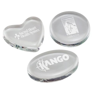 Heart - Polished Glass Paperweight, Engraved, Round, Heart And Oval. 5-day Quickship