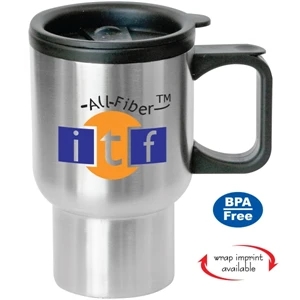 Bishop - 16 Oz Stainless Steel Travel Mug. Thumb Rest Handle. Non-skid Rubber Base