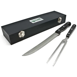 2-pc Carving Set. 12" Carving/slicing Knife. 2-prong Fork. Black Wooden Storage Box