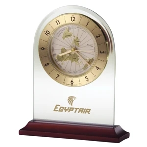 World Time Arch - World Time Table Alarm Clock Is A Beveled Glass Arch Set In A Satin Rosewood Base