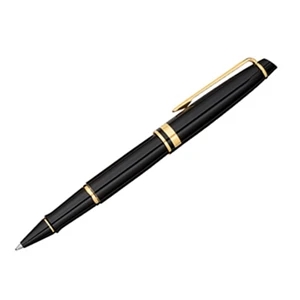 Expert - 23.3 Karat Gold Electoplated Clip And Trim - Black Lacquered Roller Ball Pen With Beveled Cap