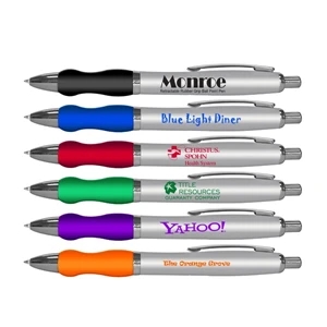 Monroe Silver - Retractable Ball Point Pen With Silver Barrel & Rubber Grip