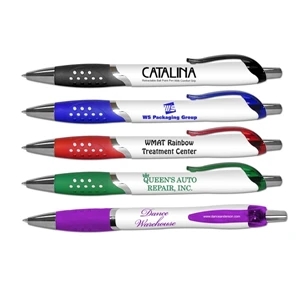 Catalina(tm) - Retractable Ball Point Pen With White Barrel And Colored Rubber Grip, 5 9/16"