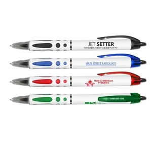 Jet Setter - White Barrel Retractable Ballpoint Pen With Colored Rubber Grip. Black Writing Ink