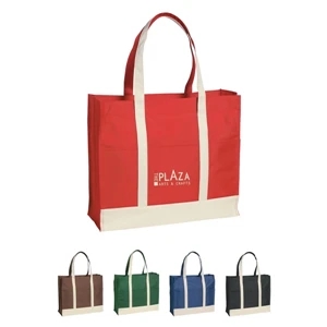 Two Tone Polyester Tote Bag With Top Zippered Closure With Beige Handles And Trim