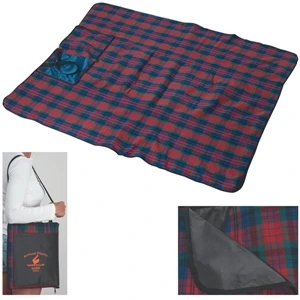 Picnic Blanket With Polyester Plaid Front And Pvc Backing, Folds Into Carrying Case