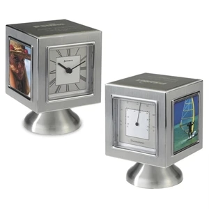 Quadratic - Cube Shape Clock With Thermometer And Photo Frame With Pedestal Base