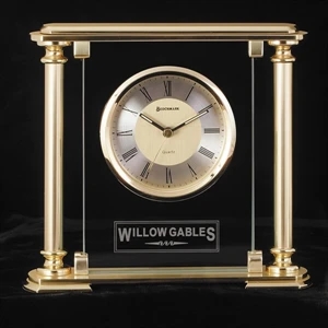 Victoria - Desk Clock With 10mm Glass Panel With Satin Finish Brass Columns