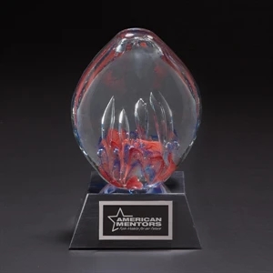 Ellipse - Art Glass Award With Intermingling Reds And Blues On Black Marble Pyramid Base