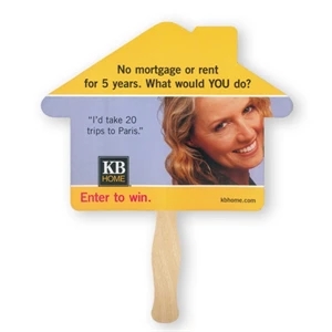 Sandwich Style Stock Shape House Hand Fan With Wood Handle Attached With Adhesive