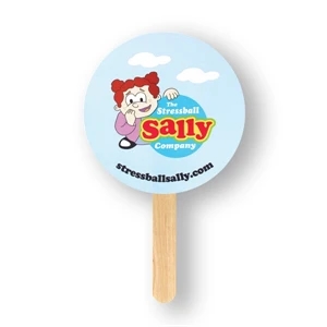 Round Mini Hand Fan With Basswood Handle Attached With Adhesive To The Back Of Fan