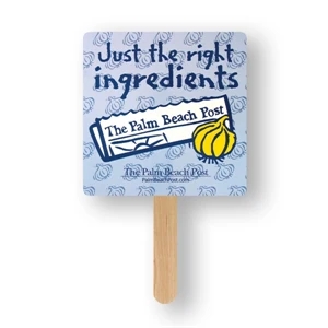 Square Mini Hand Fan With Basswood Handle Attached With Adhesive To The Back Of Fan