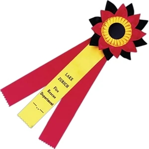 Custom Ribbon With Button, Streamers, And Double Petals And Pleated Rosette