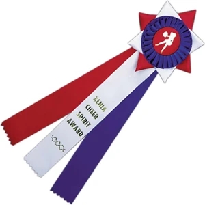 Custom 5" X 13" Ribbon With Pleated Rosette On Star Backing, Streamers, And Button