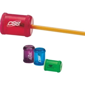 Round Pencil Sharpener. Colors Are Blue, Purple, Green, Red, Or Assorted. Imprinted