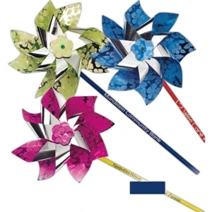 Metallic 7" Pinwheel Printed With Exotic "hibiscus" Design. 11" Stick. Imprinted