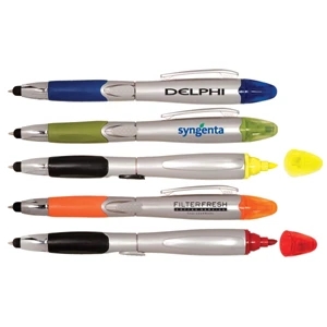 Triple Play - Soft Silicone Stylus With Side Click-action Ballpoint And Capped Highlighter