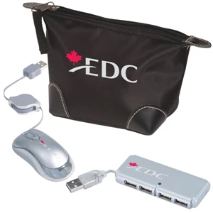 Traveler's Techno Combo - Personal Travel Pouch With Mini Usb 4 Port Hub 2.0 And Usb Optical Mini Mouse