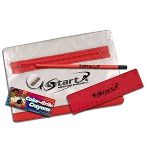Clear Zippered School Kit With Round Pencil, Ruler, Sharpener And Crayons