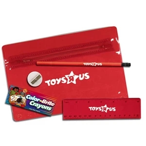 Premium Zippered School Kit With Round Pencil, Ruler, Sharpener And Crayons
