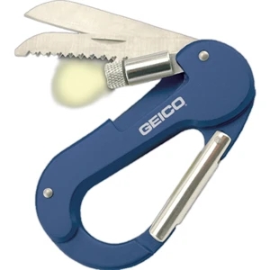 Lighted Carabiner Multi-tool. Contains Carabineer Clip, Mini Flashlight, Knife Blade