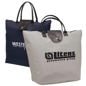 The Fashion Compact - Black - Durable 600 Denier Polyester Tote Bag With Brown Leather-look Accents